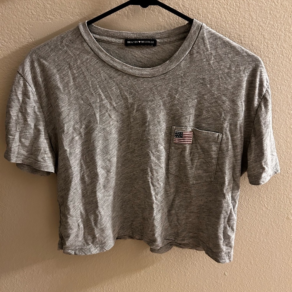 Gray Brandy Melville crop T-Shirt with American Flag embroidered pocket